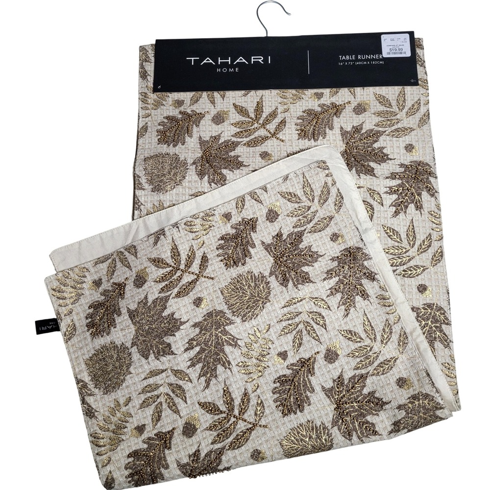 Tahari Home Beaded Table Runner 16"x72"‎ Beige Gold Leaves NEW